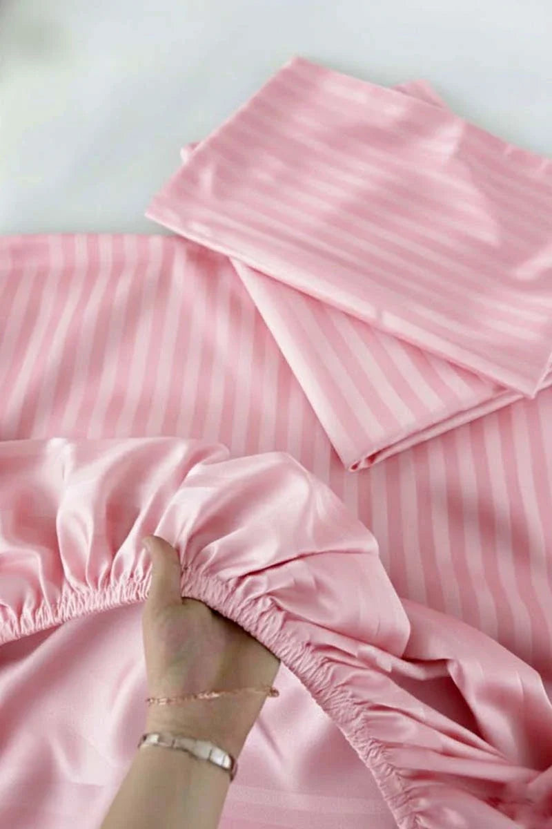 Luxury Stripe Fitted Bedsheet - King Size Baby Pink