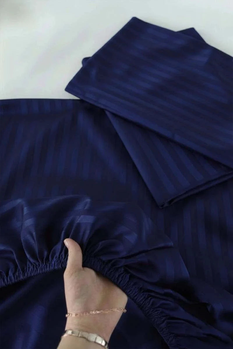 Luxury Stripe Fitted Bedsheet - King Size Navy Blue