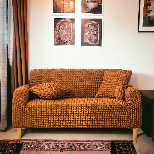 Bubble Stuff Fitted Sofa Cover | Copper Color | Sofa Slipcover, Modern Ruffle Trim Stretchy Stretch Sofa Slipcover For Home