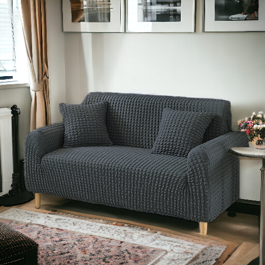 Bubble Stuff Fitted Sofa Cover | Dark Grey Color | Sofa Slipcover, Modern Ruffle Trim Stretchy Stretch Sofa Slipcover For H