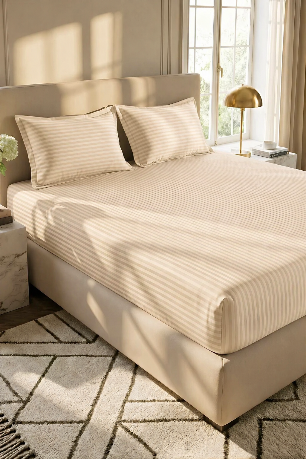 Luxury Stripe Fitted Bedsheet - King Size Beige