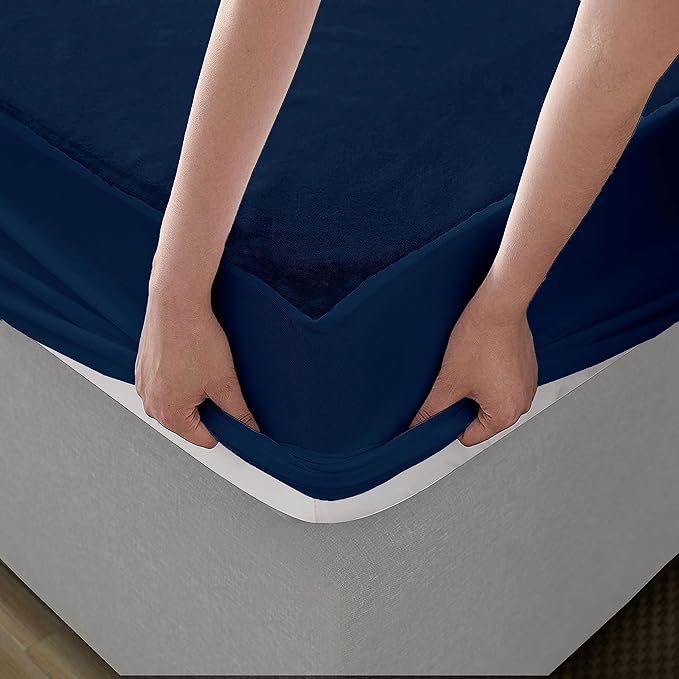 Terry Cotton Ultra Soft Waterproof Mattress Protector | Navy Blue Color | for Kids Adults | Washable Hypoallergenic Mattresses Cover Fit Up To 6-12 inch Deep Pocket Queen & King Size