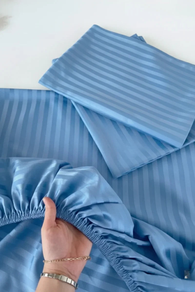 Luxury Stripe Fitted Bedsheet - King Size Sky Blue
