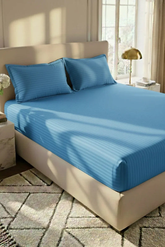 Luxury Stripe Fitted Bedsheet - King Size Sky Blue