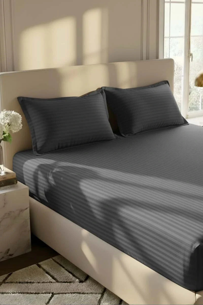 Luxury Stripe Fitted Bedsheet - King Size Dark Grey