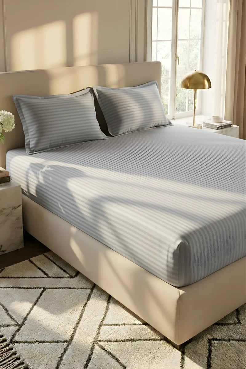 Luxury Stripe Fitted Bedsheet - King Size Light Grey