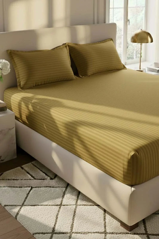 Luxury Stripe Fitted Bedsheet - King Size Olive Gold