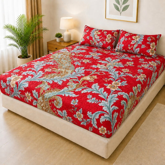 Printed 3 Piece's Quilted Bedsheets Set ( 1 Printed Fitted Sheet 2 Printed Pillow) New Arrivals! Luxury Bedsheet tm-0003