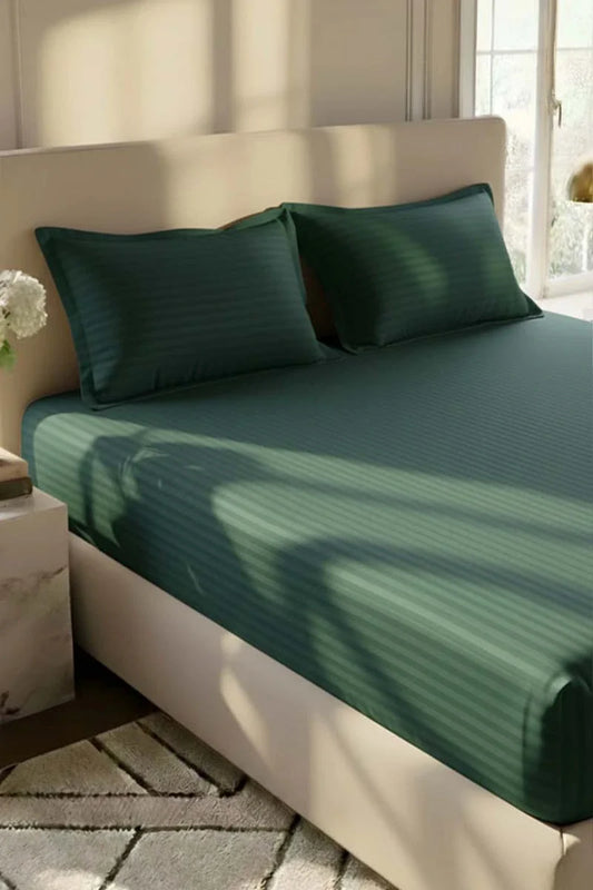 Luxury Stripe Fitted Bedsheet - King Size Dark Green