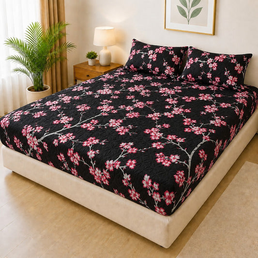 Printed 3 Piece's Quilted Bedsheets Set ( 1 Printed Fitted Sheet 2 Printed Pillow) New Arrivals! Luxury Bedsheet tm-0005