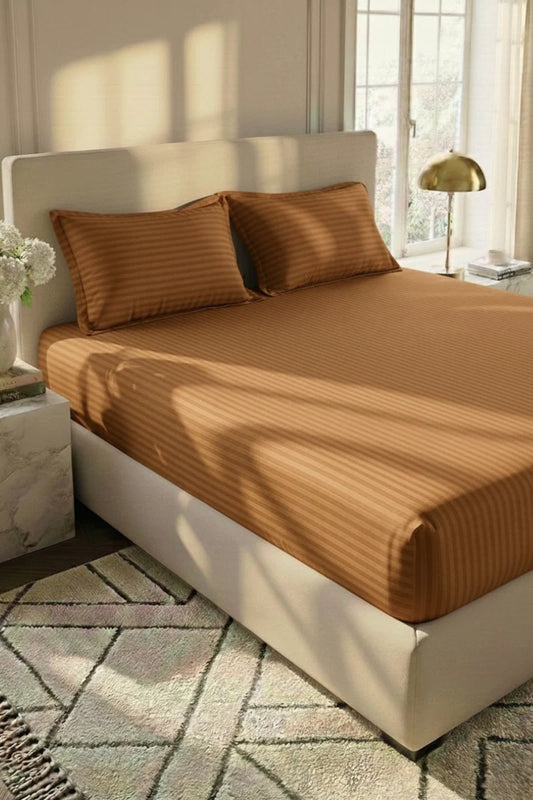 Luxury Stripe Fitted Bedsheet - King Size Copper