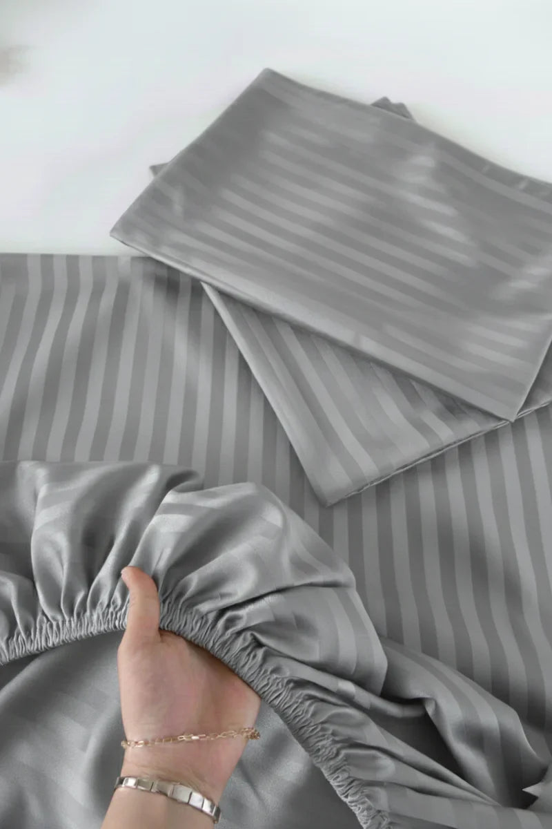 Luxury Stripe Fitted Bedsheet - King Size Light Grey