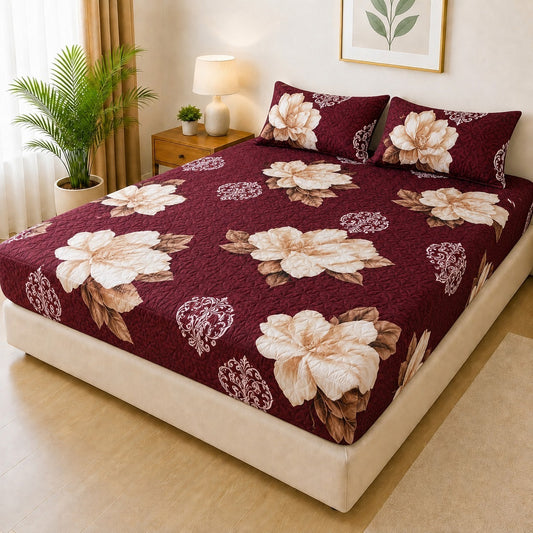 Printed 3 Piece's Quilted Bedsheets Set ( 1 Printed Fitted Sheet 2 Printed Pillow) New Arrivals! Luxury Bedsheet tm-0002