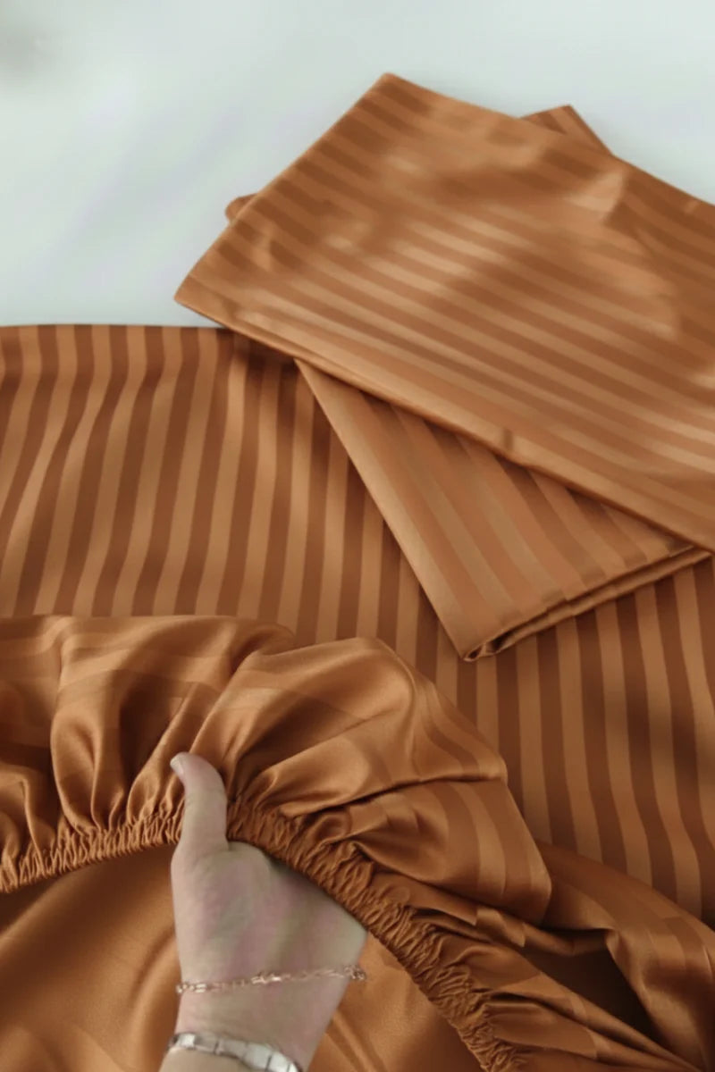 Luxury Stripe Fitted Bedsheet - King Size Copper