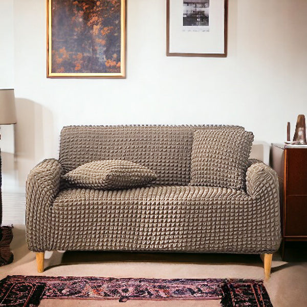 Bubble Stuff Fitted Sofa Cover | Beige Color | Sofa Slipcover, Modern Ruffle Trim Stretchy Stretch Sofa Slipcover For Home