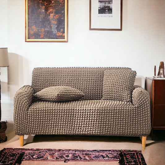 Bubble Stuff Fitted Sofa Cover | Beige Color | Sofa Slipcover, Modern Ruffle Trim Stretchy Stretch Sofa Slipcover For Home