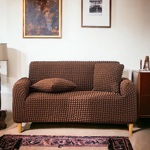 Bubble Stuff Fitted Sofa Cover | Brown Color | Sofa Slipcover, Modern Ruffle Trim Stretchy Stretch Sofa Slipcover For Home