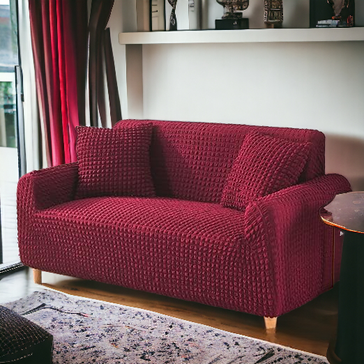 Bubble Stuff Fitted Sofa Cover | Maroon Color | sofa Slipcover, Modern Ruffle Trim Stretchy Stretch Sofa Slipcover For Home