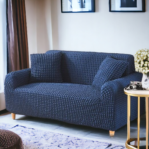 Bubble Stuff Fitted Sofa Cover | Navy Blue Color | sofa Slipcover, Modern Ruffle Trim Stretchy Stretch Sofa Slipcover For Home