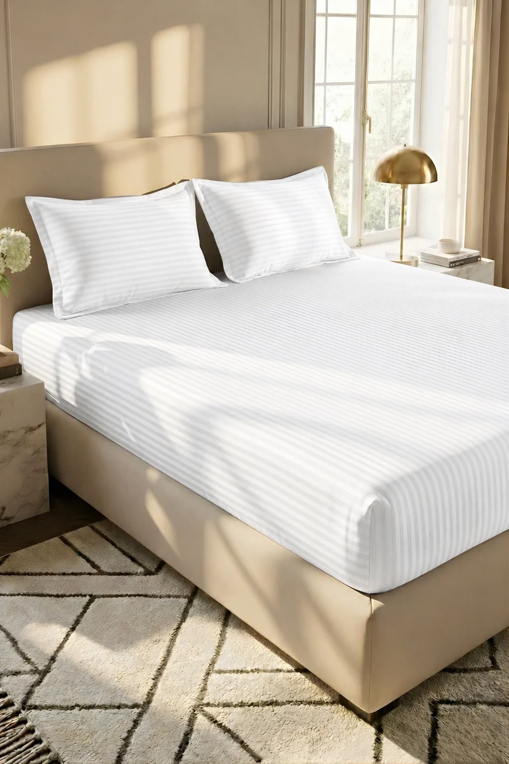 Luxury Stripe Fitted Bedsheet - King Size White