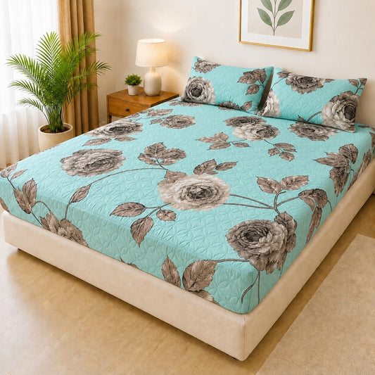 Printed 3 Piece's Quilted Bedsheets Set ( 1 Printed Fitted Sheet 2 Printed Pillow) New Arrivals! Luxury Bedsheet tm-0007